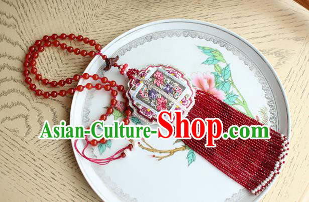 China Handmade Embroidered Lotus Sachet Necklet Accessories Traditional Cheongsam Red Beads Tassel Necklace China Handmade Embroidered Lotus Sachet Necklet Accessories Traditional Cheongsam Red Beads Tassel Necklace