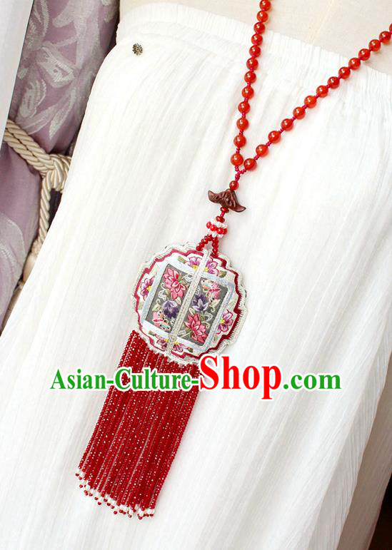 China Handmade Embroidered Lotus Sachet Necklet Accessories Traditional Cheongsam Red Beads Tassel Necklace China Handmade Embroidered Lotus Sachet Necklet Accessories Traditional Cheongsam Red Beads Tassel Necklace
