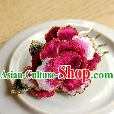 China Classical Cheongsam Hair Accessories Handmade National Embroidered Rosy Peony Hair Comb