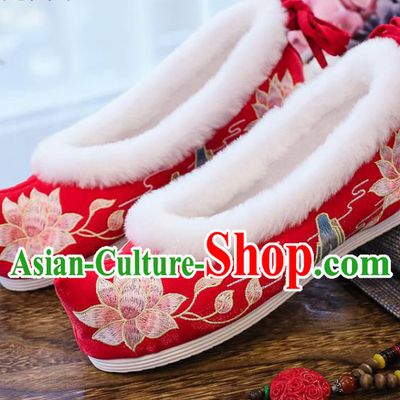 China National Winter Embroidered Lotus Shoes Traditional Wedding Red Satin Shoes Handmade Ming Dynasty Bow Shoes
