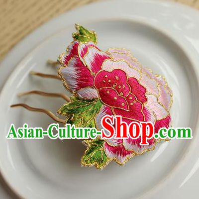 China Classical Cheongsam Hair Accessories National Handmade Embroidered Pink Peony Hair Comb