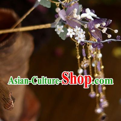 Chinese Ancient Princess Amethyst Flowers Tassel Hairpin Traditional Song Dynasty Court Shell Fragrans Hair Stick