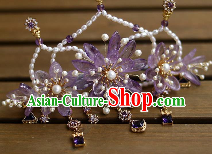 Chinese Ancient Empress Pearls Hairpin Traditional Song Dynasty Court Amethyst Chrysanthemum Hair Crown Chinese Ancient Empress Pearls Hairpin Traditional Song Dynasty Court Amethyst Chrysanthemum Hair Crown