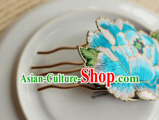 China Handmade National Embroidered Blue Peony Hair Comb Classical Cheongsam Hairpin China Handmade National Embroidered Blue Peony Hair Comb Classical Cheongsam Hairpin