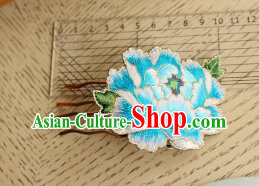 China Handmade National Embroidered Blue Peony Hair Comb Classical Cheongsam Hairpin China Handmade National Embroidered Blue Peony Hair Comb Classical Cheongsam Hairpin