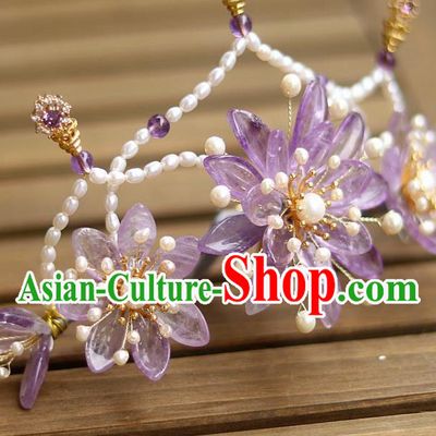 Chinese Ancient Empress Amethyst Chrysanthemum Hairpin Traditional Song Dynasty Court Pearls Hair Crown