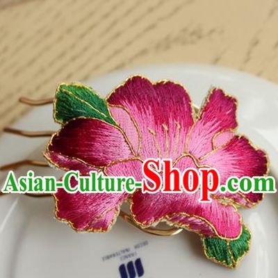 China Handmade Classical Cheongsam Hairpin National Embroidered Rosy Peony Hair Comb