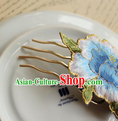 China Handmade Classical Cheongsam Hair Comb National Embroidered Light Blue Peony Hairpin China Handmade Classical Cheongsam Hair Comb National Embroidered Light Blue Peony Hairpin