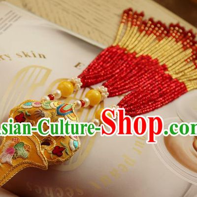 Chinese National Waist Tassel Pendant Classical Qipao Dress Embroidered Yellow Sachet Brooch