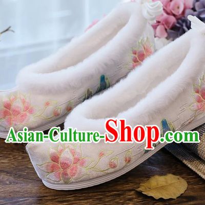 China Ancient Ming Dynasty Princess Bow Shoes National Winter Embroidered Lotus Shoes Traditional White Cloth Shoes