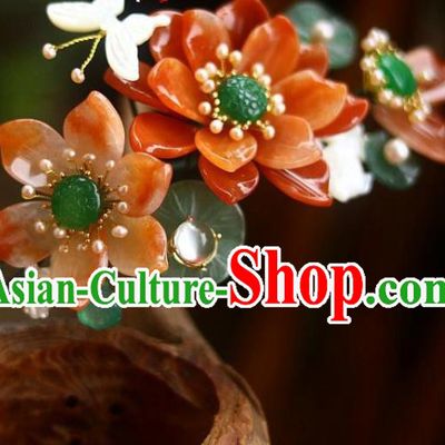 Chinese Ancient Queen Jade Hairpin Traditional Song Dynasty Empress Red Lotus Hair Crown