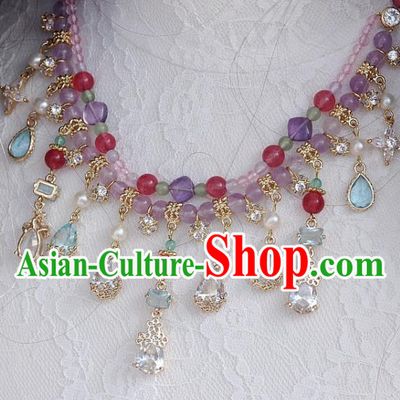China Traditional Ming Dynasty Amethyst Necklace Handmade Ancient Princess Crystal Tassel Necklet Accessories