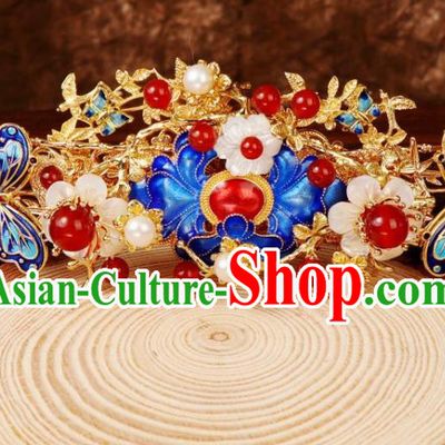 Chinese Ancient Court Queen Shell Plum Hairpin Traditional Ming Dynasty Blueing Peony Hair Crown