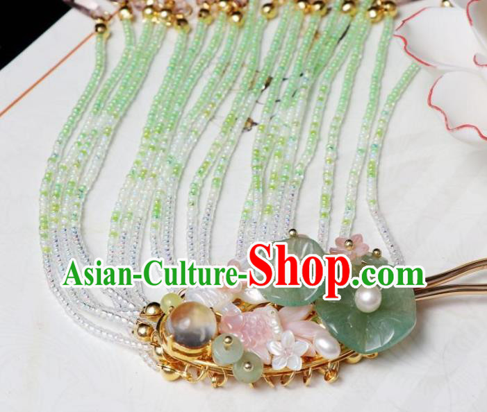 Chinese Ancient Princess Fish Lotus Leaf Hairpin Traditional Song Dynasty Beads Tassel Hair Clip