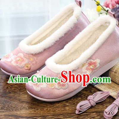 China National Embroidered Plum Blossom Shoes Traditional Pearls Shoes Handmade Ming Dynasty Winter Pink Shoes
