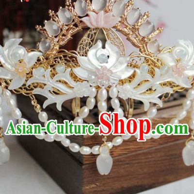 Chinese Ancient Princess Shell Lotus Hairpin Hanfu Hair Accessories Traditional Tang Dynasty Pearls Tassel Hair Crown