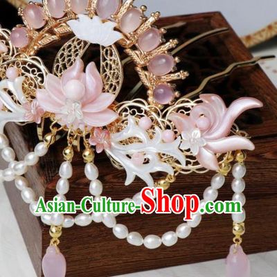 Chinese Ancient Princess Pearls Tassel Hairpin Hanfu Hair Accessories Traditional Tang Dynasty Pink Chalcedony Hair Crown