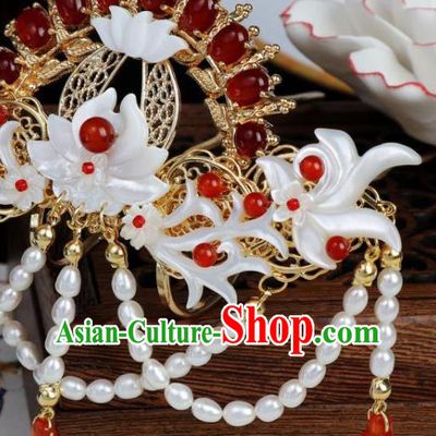 Chinese Ancient Princess Shell Lotus Hairpin Hanfu Hair Accessories Traditional Tang Dynasty Agate Hair Crown