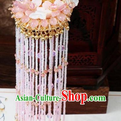 Chinese Ancient Imperial Consort Peach Blossom Hairpin Traditional Tang Dynasty Pink Beads Tassel Hair Stick