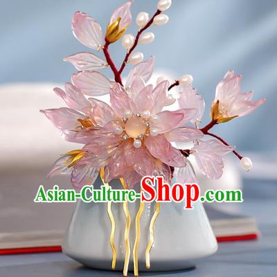 Chinese Ancient Hair Accessories Princess Hairpin Traditional Hanfu Pink Flowers Hair Comb