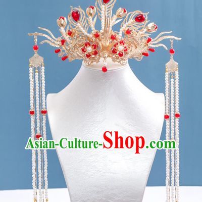 Chinese Traditional Ming Dynasty Wedding Hair Accessories Ancient Empress Golden Phoenix Coronet