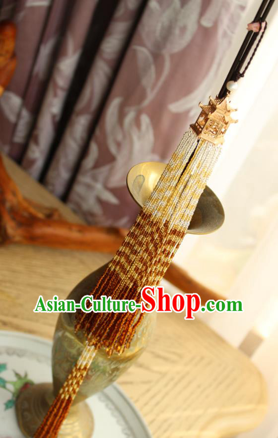 Chinese National Beads Tassel Pendant Classical Qipao Dress Golden Pavilion Brooch Chinese National Beads Tassel Pendant Classical Qipao Dress Golden Pavilion Brooch