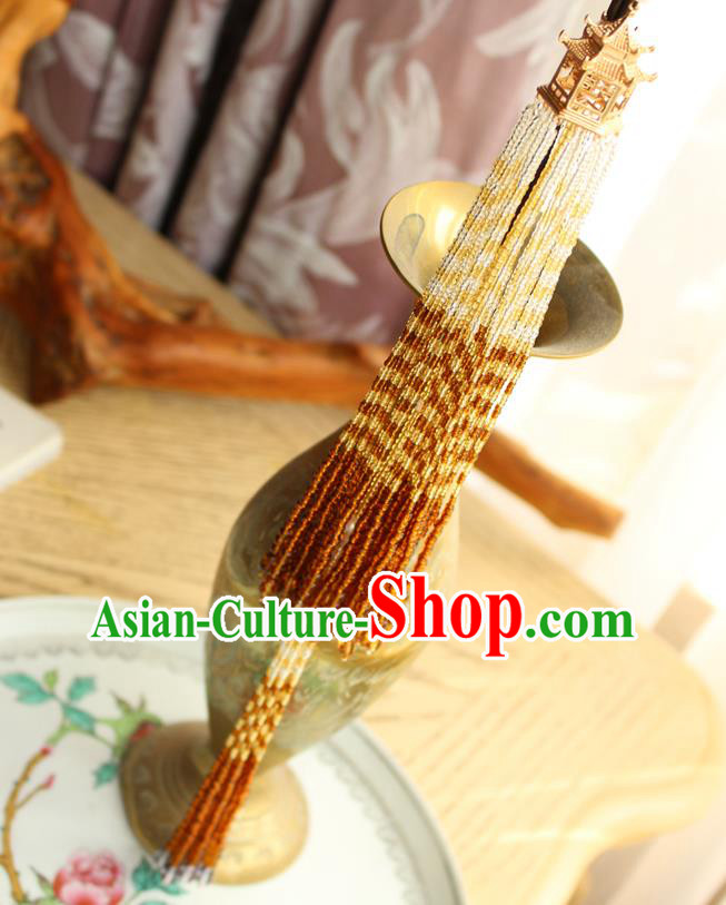 Chinese National Beads Tassel Pendant Classical Qipao Dress Golden Pavilion Brooch Chinese National Beads Tassel Pendant Classical Qipao Dress Golden Pavilion Brooch
