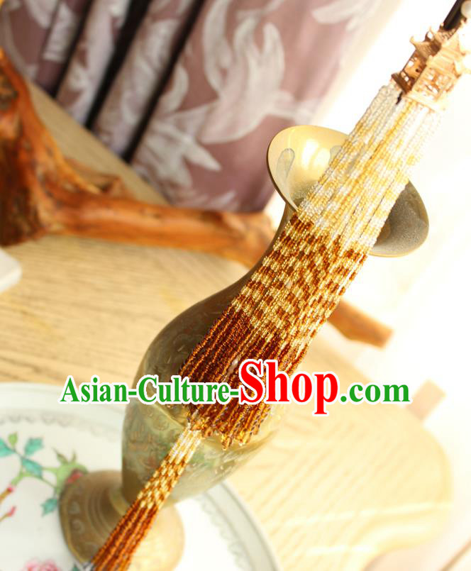 Chinese National Beads Tassel Pendant Classical Qipao Dress Golden Pavilion Brooch Chinese National Beads Tassel Pendant Classical Qipao Dress Golden Pavilion Brooch