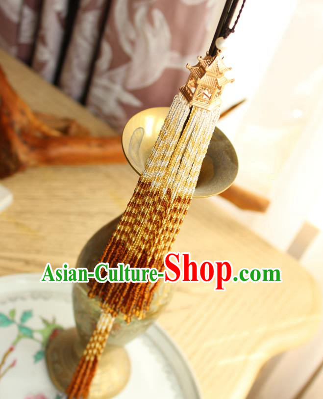 Chinese National Beads Tassel Pendant Classical Qipao Dress Golden Pavilion Brooch Chinese National Beads Tassel Pendant Classical Qipao Dress Golden Pavilion Brooch