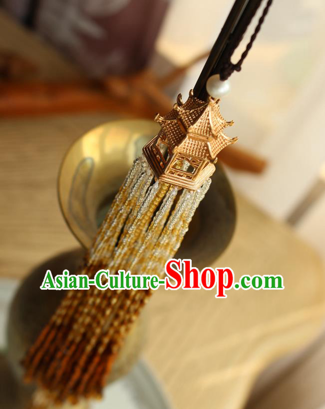 Chinese National Beads Tassel Pendant Classical Qipao Dress Golden Pavilion Brooch Chinese National Beads Tassel Pendant Classical Qipao Dress Golden Pavilion Brooch