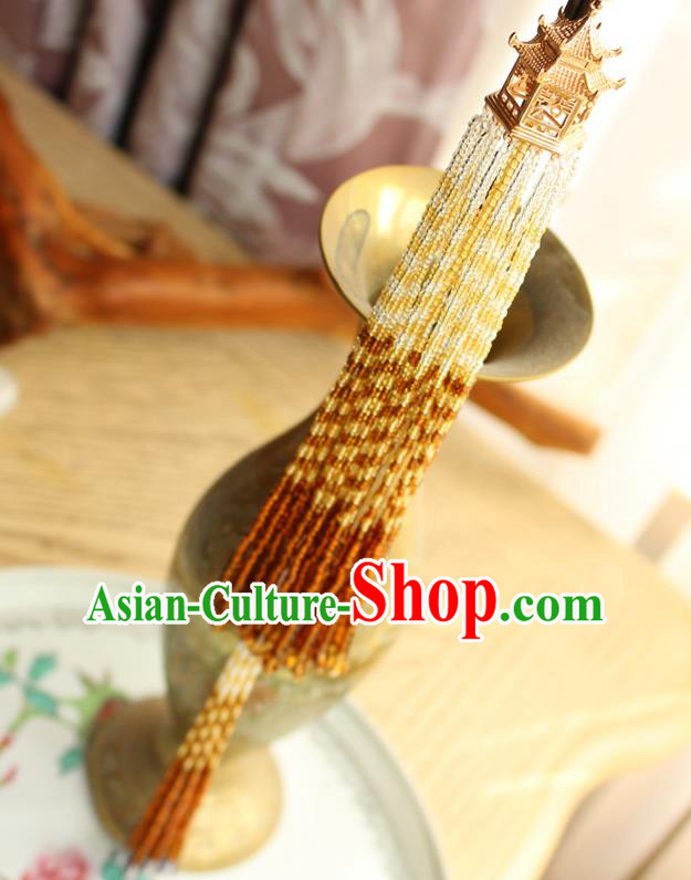 Chinese National Beads Tassel Pendant Classical Qipao Dress Golden Pavilion Brooch Chinese National Beads Tassel Pendant Classical Qipao Dress Golden Pavilion Brooch