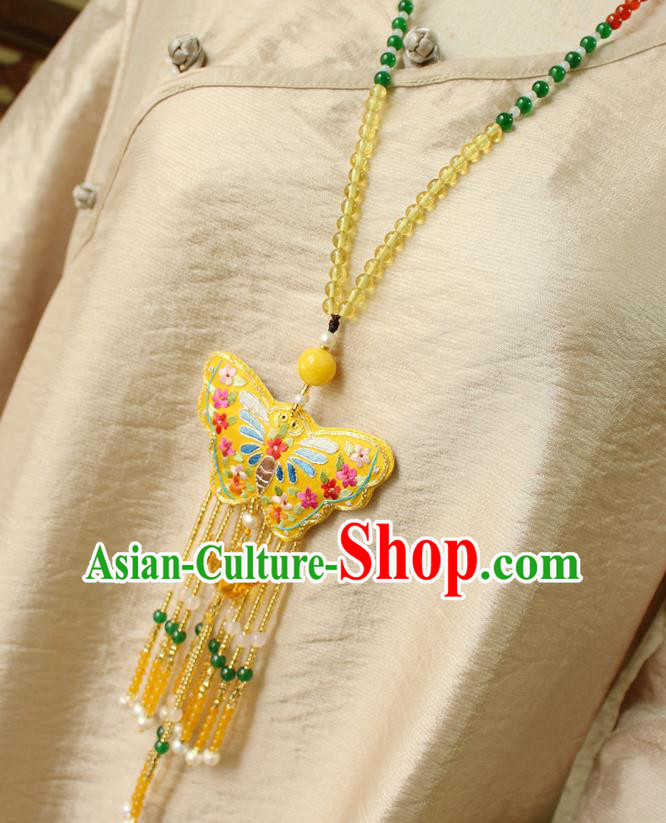 China Handmade Embroidered Yellow Butterfly Sachet Necklet Accessories Traditional Cheongsam Beads Tassel Necklace China Handmade Embroidered Yellow Butterfly Sachet Necklet Accessories Traditional Cheongsam Beads Tassel Necklace