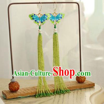 China Classical Cheongsam Green Beads Tassel Ear Jewelry Handmade National Blueing Butterfly Earrings