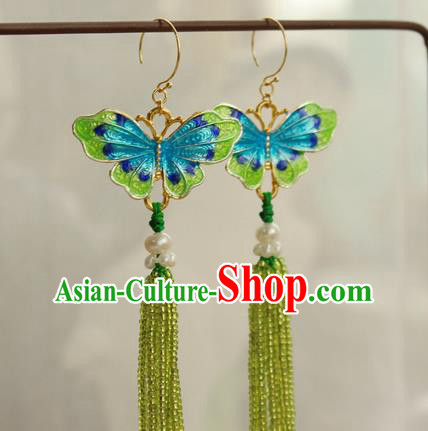 China Classical Cheongsam Green Beads Tassel Ear Jewelry Handmade National Blueing Butterfly Earrings China Classical Cheongsam Green Beads Tassel Ear Jewelry Handmade National Blueing Butterfly Earrings