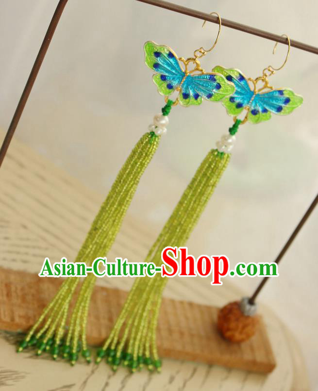 China Classical Cheongsam Green Beads Tassel Ear Jewelry Handmade National Blueing Butterfly Earrings China Classical Cheongsam Green Beads Tassel Ear Jewelry Handmade National Blueing Butterfly Earrings