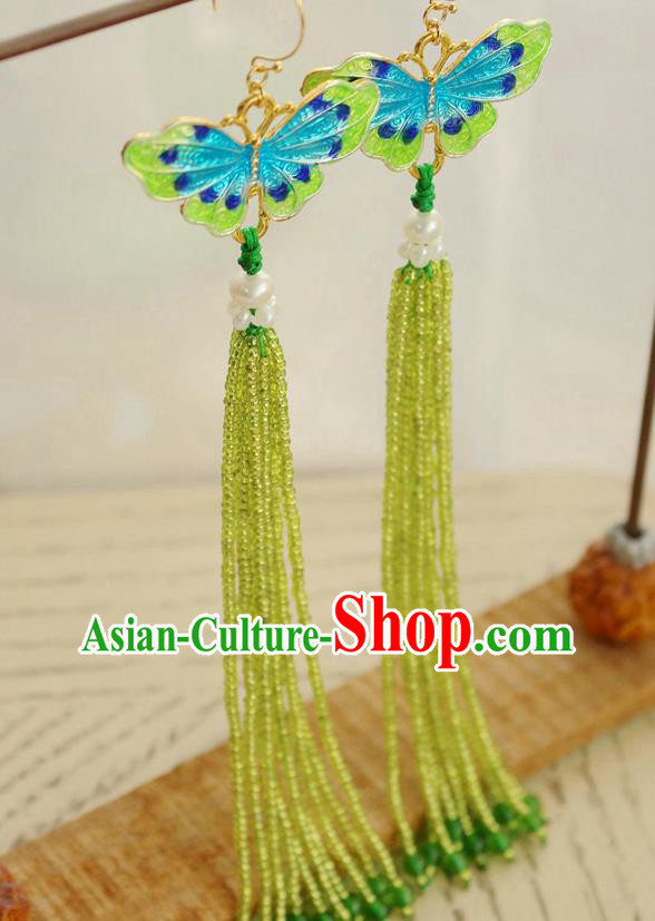 China Classical Cheongsam Green Beads Tassel Ear Jewelry Handmade National Blueing Butterfly Earrings China Classical Cheongsam Green Beads Tassel Ear Jewelry Handmade National Blueing Butterfly Earrings