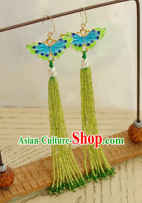China Classical Cheongsam Green Beads Tassel Ear Jewelry Handmade National Blueing Butterfly Earrings China Classical Cheongsam Green Beads Tassel Ear Jewelry Handmade National Blueing Butterfly Earrings
