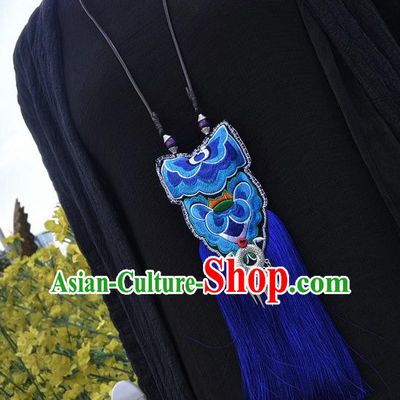 China Handmade Ethnic Embroidered Necklet Accessories Traditional Miao Minority Royalblue Tassel Necklace