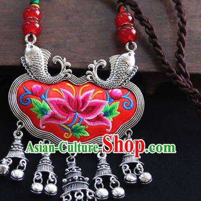 China Handmade Ethnic Silver Bells Necklet Accessories Traditional Miao Minority Embroidered Red Necklace