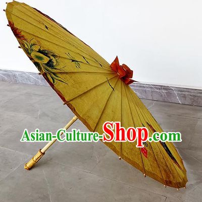 China Hand Painting Lotus Yellow Silk Umbrella Traditional Umbrella Craft Classical Dance Umbrella