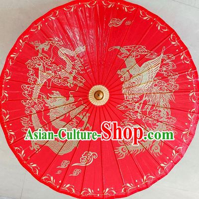 China Classical Wedding Umbrella Hand Painting Phoenix Dragon Umbrella Traditional Red Oilpaper Umbrella Craft