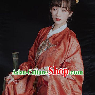 China Ancient Ming Dynasty Imperial Countess Historical Clothing Traditional Hanfu Red Brocade Robe