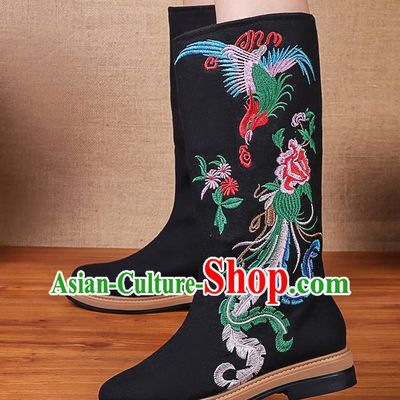 China National Winter Black Boots Traditional Embroidered Phoenix Peony Shoes