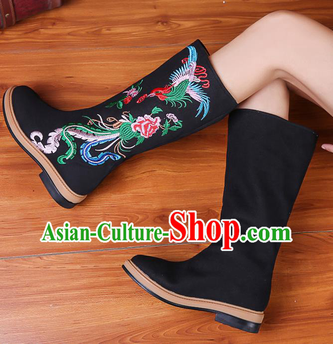 China National Winter Black Boots Traditional Embroidered Phoenix Peony Shoes China National Winter Black Boots Traditional Embroidered Phoenix Peony Shoes