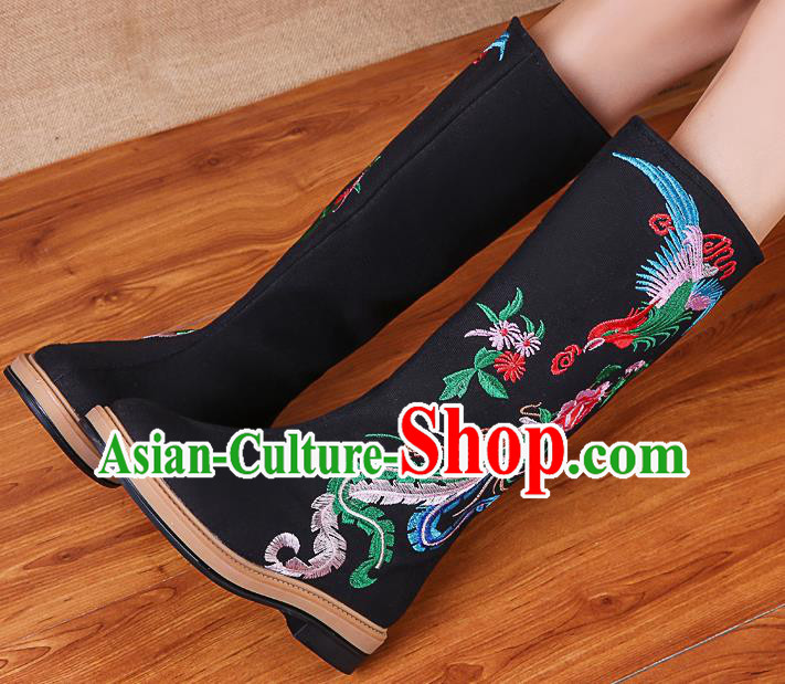 China National Winter Black Boots Traditional Embroidered Phoenix Peony Shoes China National Winter Black Boots Traditional Embroidered Phoenix Peony Shoes
