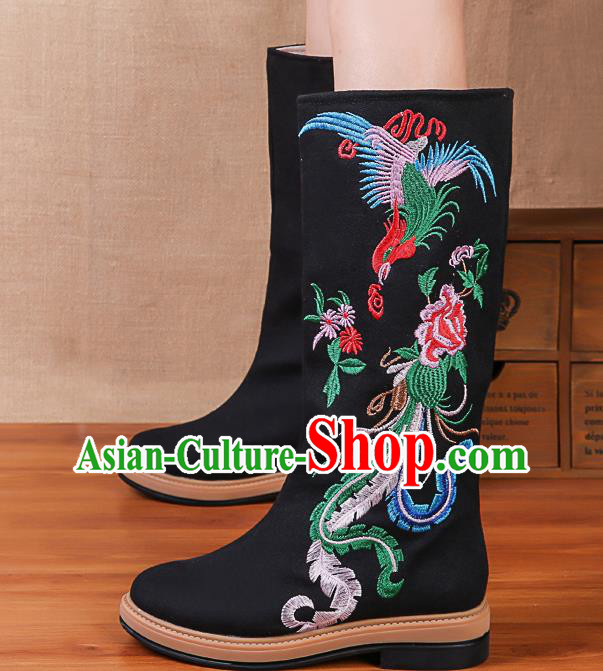 China National Winter Black Boots Traditional Embroidered Phoenix Peony Shoes China National Winter Black Boots Traditional Embroidered Phoenix Peony Shoes