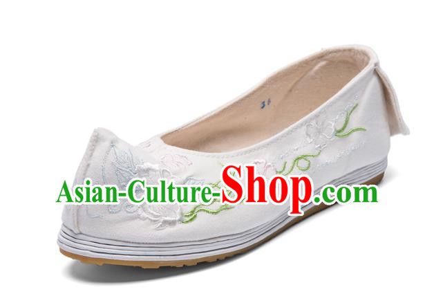 Chinese Ancient Princess Shoes Traditional Ming Dynasty Hanfu Shoes Handmade Embroidered White Bow Shoes Chinese Ancient Princess Shoes Traditional Ming Dynasty Hanfu Shoes Handmade Embroidered White Bow Shoes