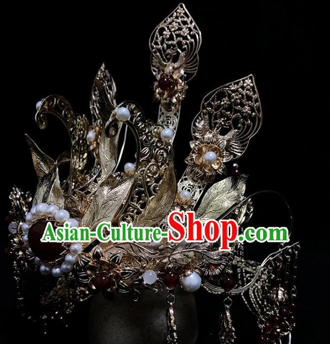 China Ancient Queen Hair Accessories Handmade Traditional Ming Dynasty Empress Golden Hair Crown China Ancient Queen Hair Accessories Handmade Traditional Ming Dynasty Empress Golden Hair Crown