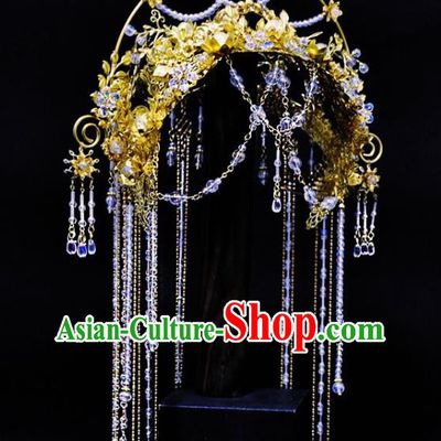 China Ancient Goddess Hair Accessories Handmade Traditional Cosplay Fairy Queen Tassel Golden Hair Crown