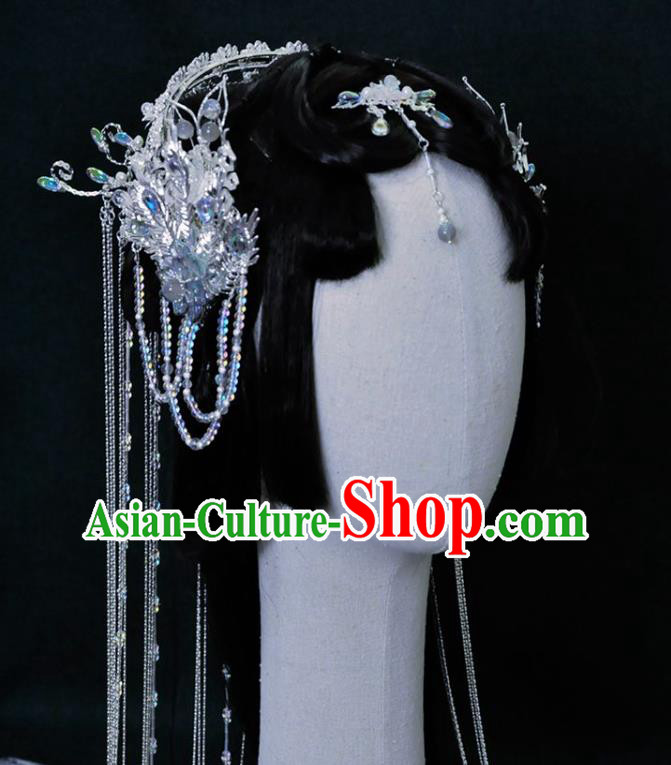 China Ancient Fairy Princess Headwear Handmade Traditional Cosplay Goddess Argent Tassel Hair Crown China Ancient Fairy Princess Headwear Handmade Traditional Cosplay Goddess Argent Tassel Hair Crown